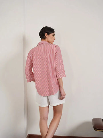 Striped Shirt – Classic Red Line Design, Women’s Smart Casual Wear