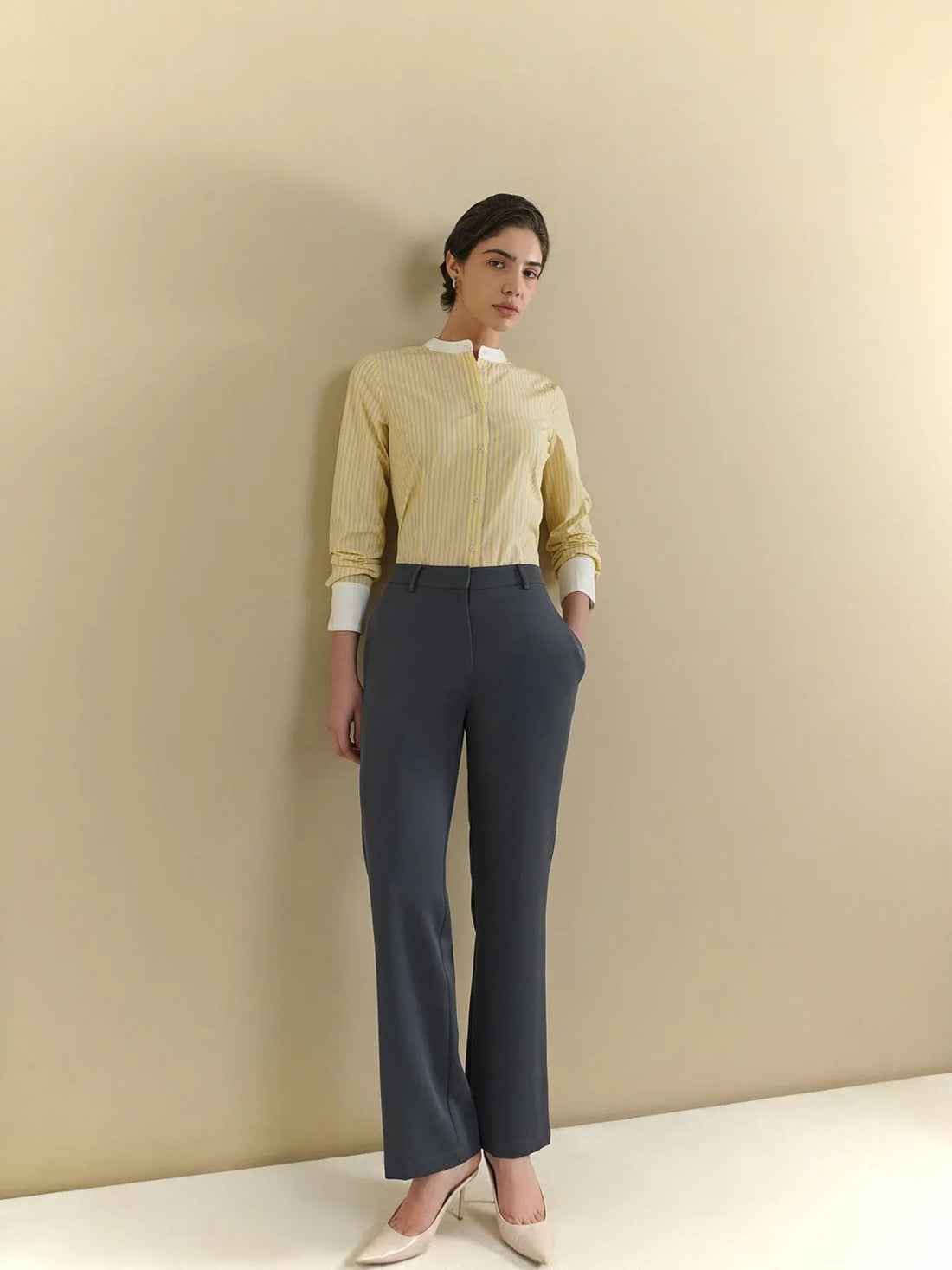 Striped Shirt – Soft Yellow Classic Line Design, Women’s Formal Wear