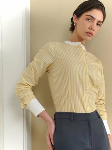 Striped Shirt – Soft Yellow Classic Line Design, Women’s Formal Wear
