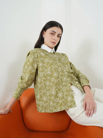 Floral Printed Shirt – Olive Bloom Design, Women’s Smart Casual Wear