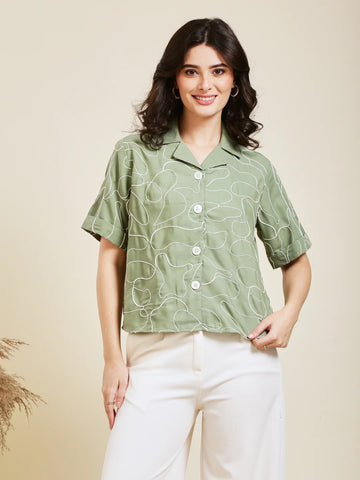 Cotton Shirt – Abstract Embroidery Design, Women’s Casual Wear (Green)