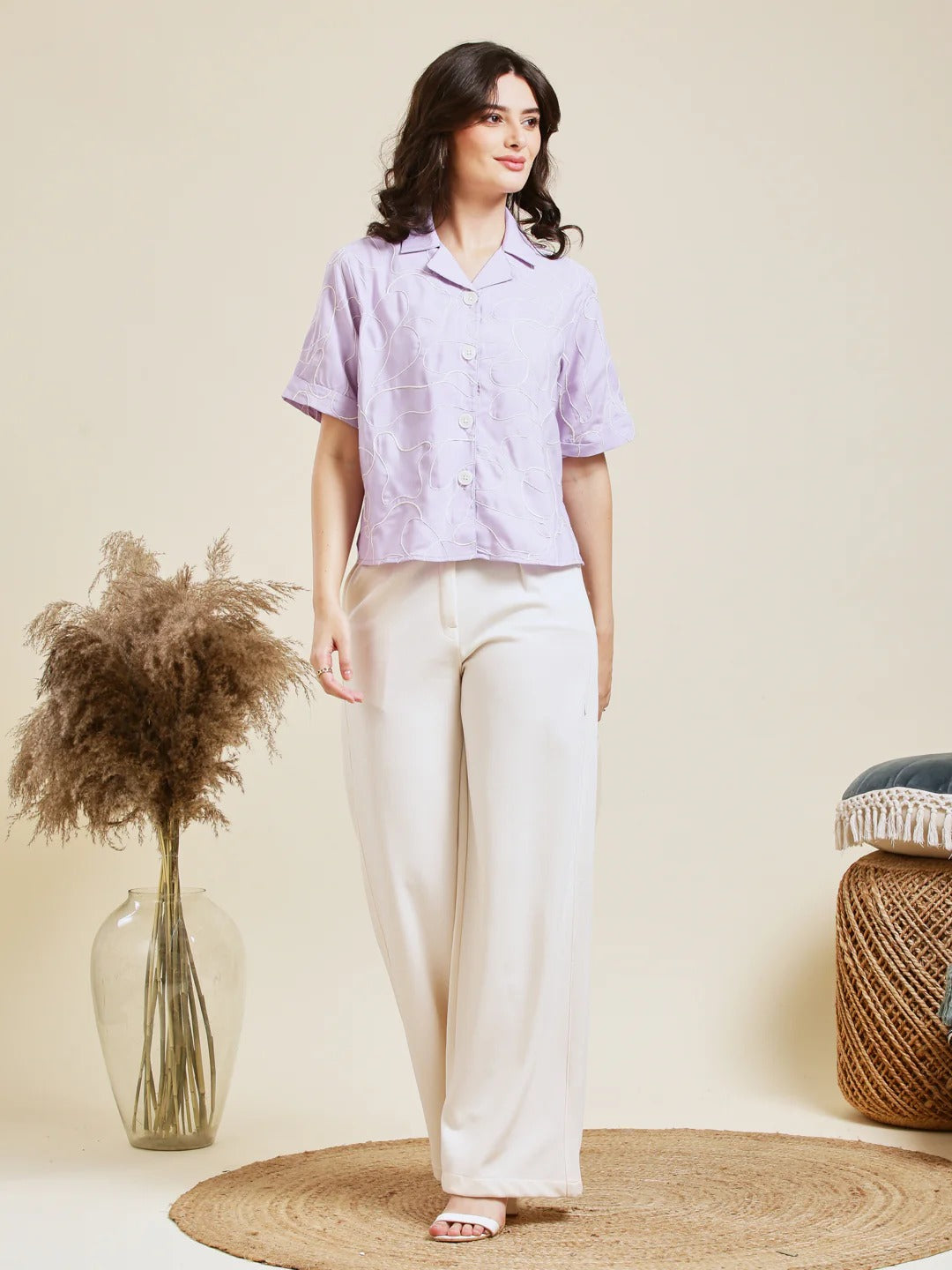 Cotton Shirt – Abstract Embroidery Design, Women’s Casual Wear (Purple)