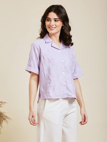 Cotton Shirt – Abstract Embroidery Design, Women’s Casual Wear (Purple)