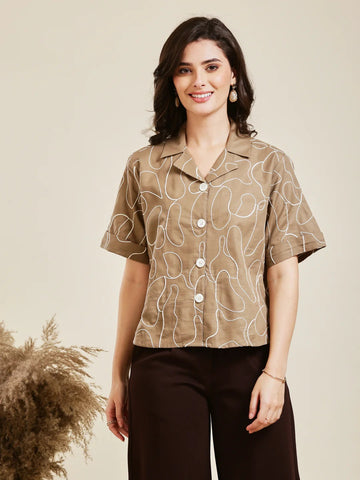 Cotton Shirt – Abstract Embroidery Design, Women’s Casual Wear (Brown)