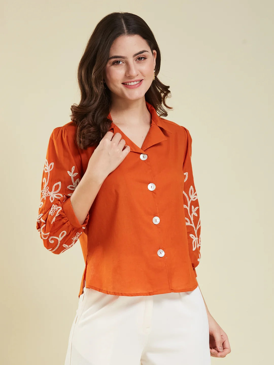 Cotton Shirt – Floral Embroidery Design, Women’s Casual Wear (Orange)