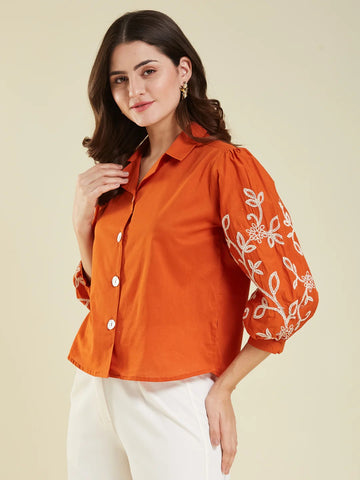 Cotton Shirt – Floral Embroidery Design, Women’s Casual Wear (Orange)