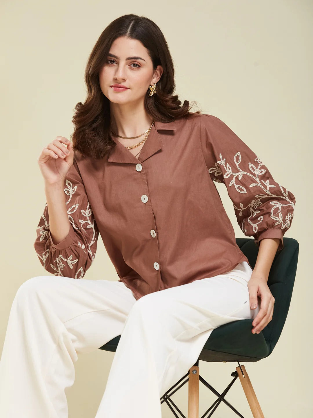 Cotton Shirt – Floral Embroidery Design, Women’s Casual Wear (Brown)