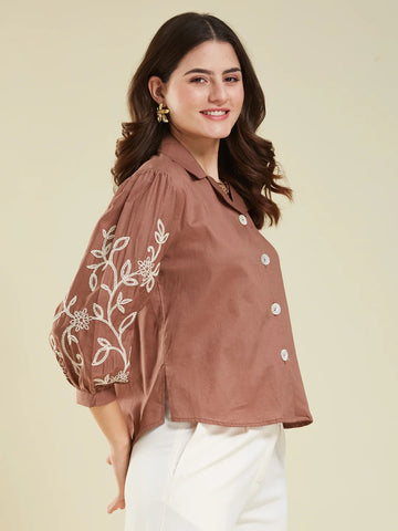 Cotton Shirt – Floral Embroidery Design, Women’s Casual Wear (Brown)