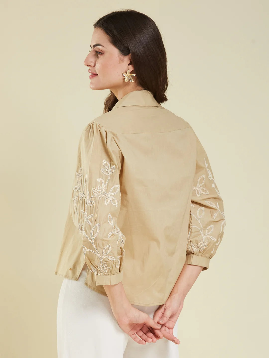 Cotton Shirt – Floral Embroidery Design, Women’s Casual Wear (Beige)