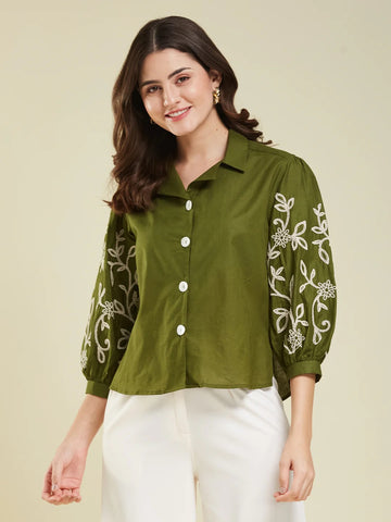 Cotton Shirt – Floral Embroidery Design, Women’s Casual W