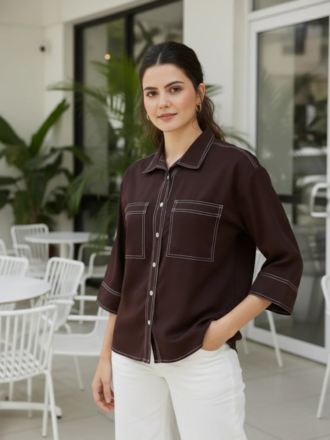 Dabu Cotton Shirt – Contrast Stitch Design, Women’s Casual Wear (Earthen)