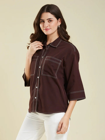 Dabu Cotton Shirt – Contrast Stitch Design, Women’s Casual Wear (Earthen)