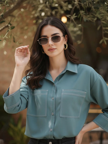 Dabu Cotton Shirt – Contrast Stitch Design, Women’s Casual Wear (Teal)