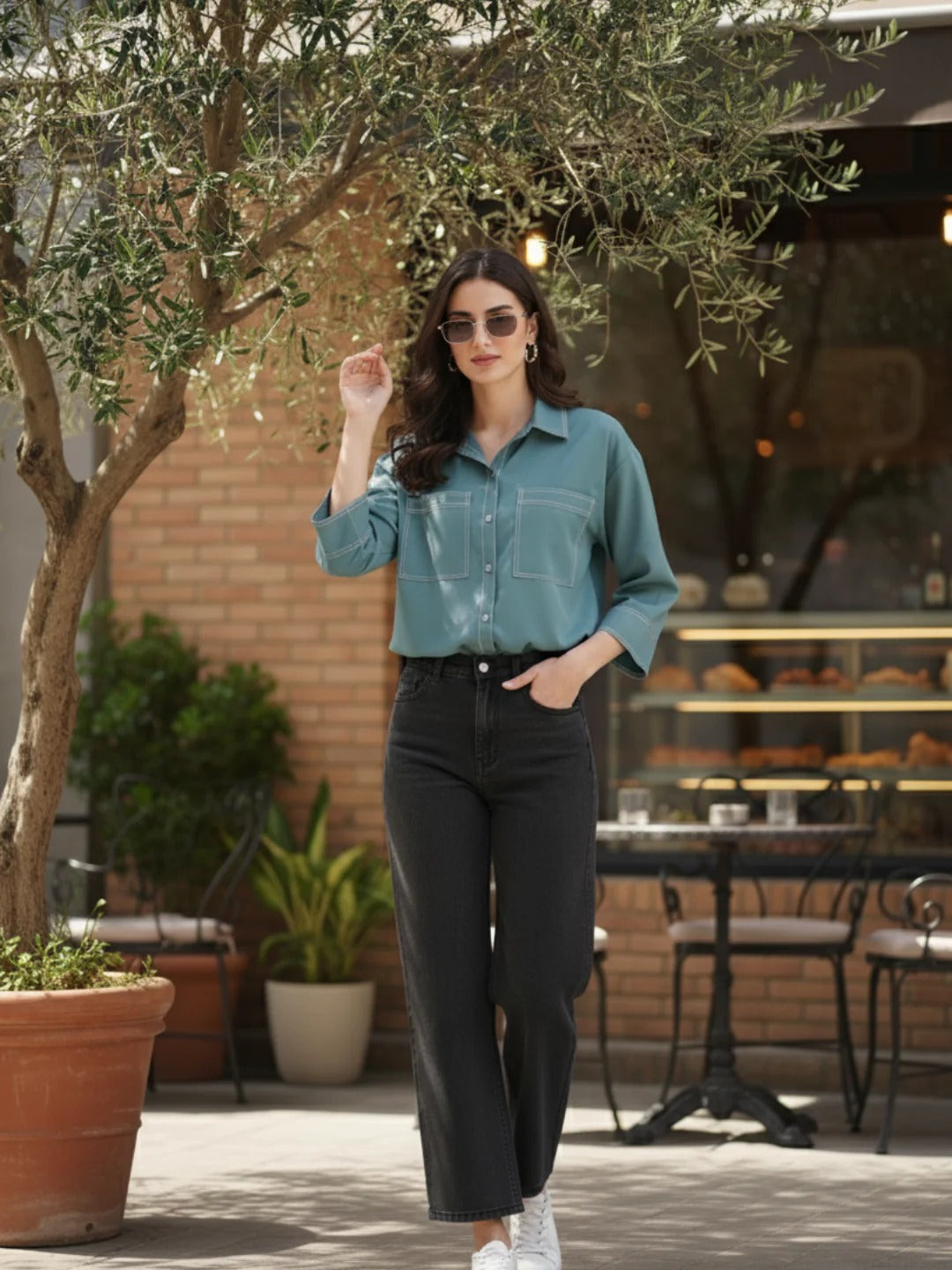 Dabu Cotton Shirt – Contrast Stitch Design, Women’s Casual Wear (Teal)