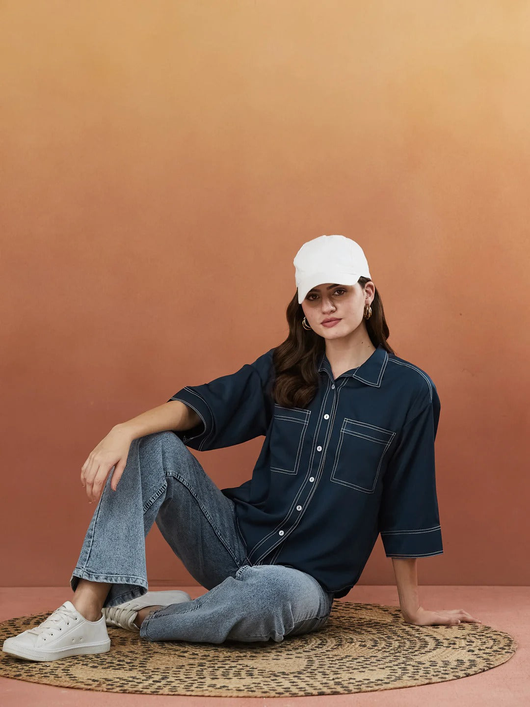 Dabu Cotton Shirt – Contrast Stitch Design, Women’s Casual Wear (Deep navy)
