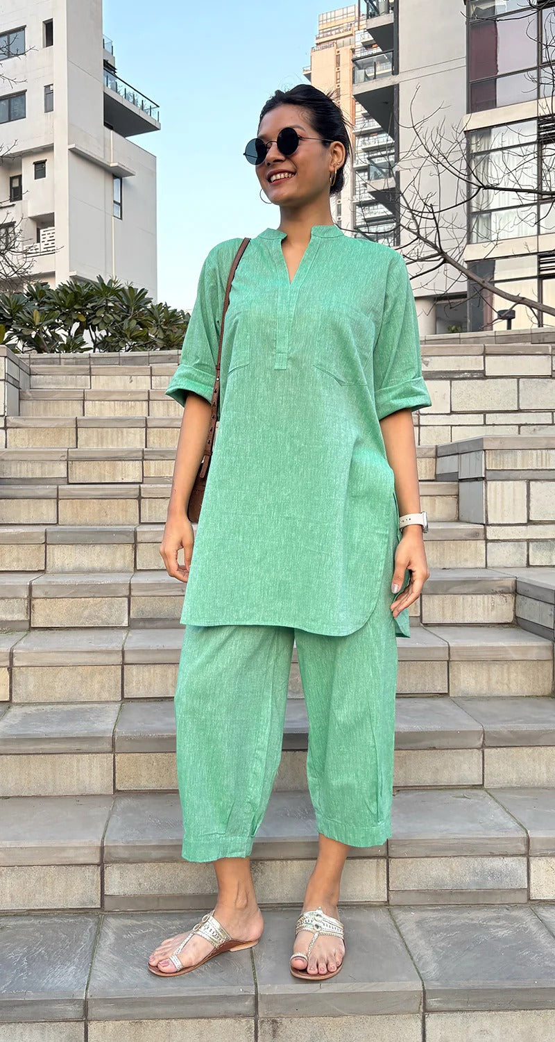 Cotton Co-ord Set – Linen Look Minimal Design, Women’s Casual Wear (Green)