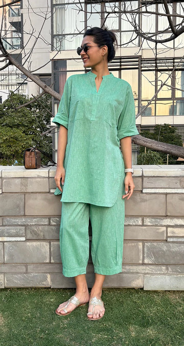 Cotton Co-ord Set – Linen Look Minimal Design, Women’s Casual Wear (Green)