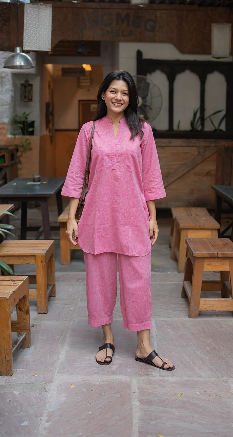 Cotton Co-ord Set – Minimal Linen Look Design, Women’s Casual Wear (Pink)