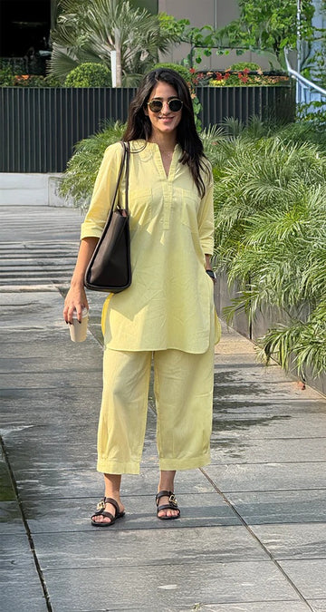 Cotton Co-ord Set – Minimal Summer Design, Women’s Casual Wear (Yellow)