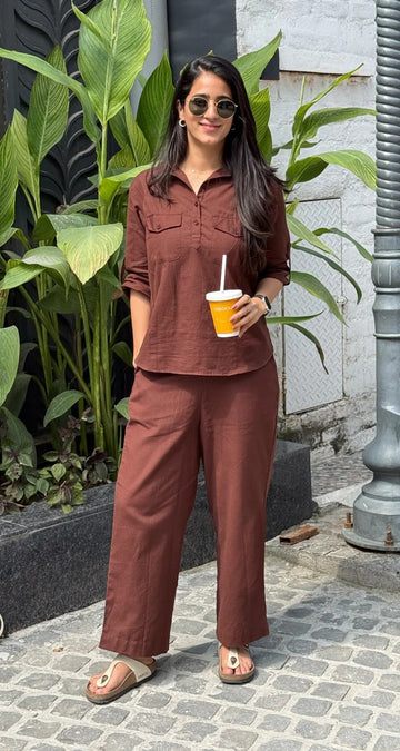 Cotton Co-ord Set – Minimal Linen Look Design, Women’s Casual Wear (Brown)