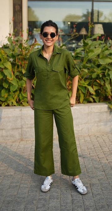 Cotton Co-ord Set – Minimal Utility Design, Women’s Casual Wear (Olive Green)