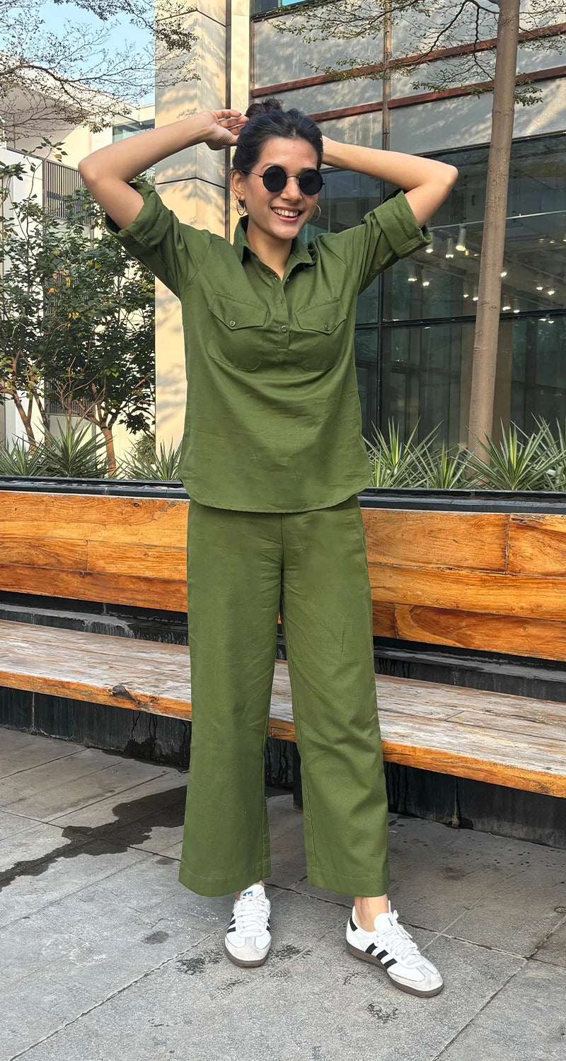 Cotton Co-ord Set – Minimal Utility Design, Women’s Casual Wear (Olive Green)