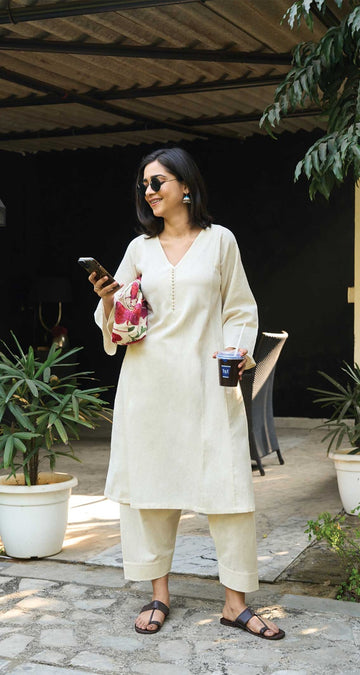 Solid Cotton Co-ord Set – Minimal Summer Casual Wear for Women (Off White / Cream)