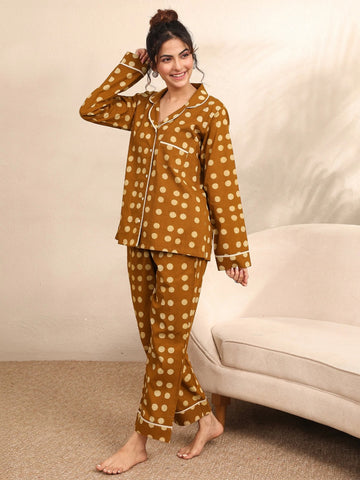 Cotton Co-ord Set – Polka Dot Design, Women’s Loungewear (Mustard Brown)