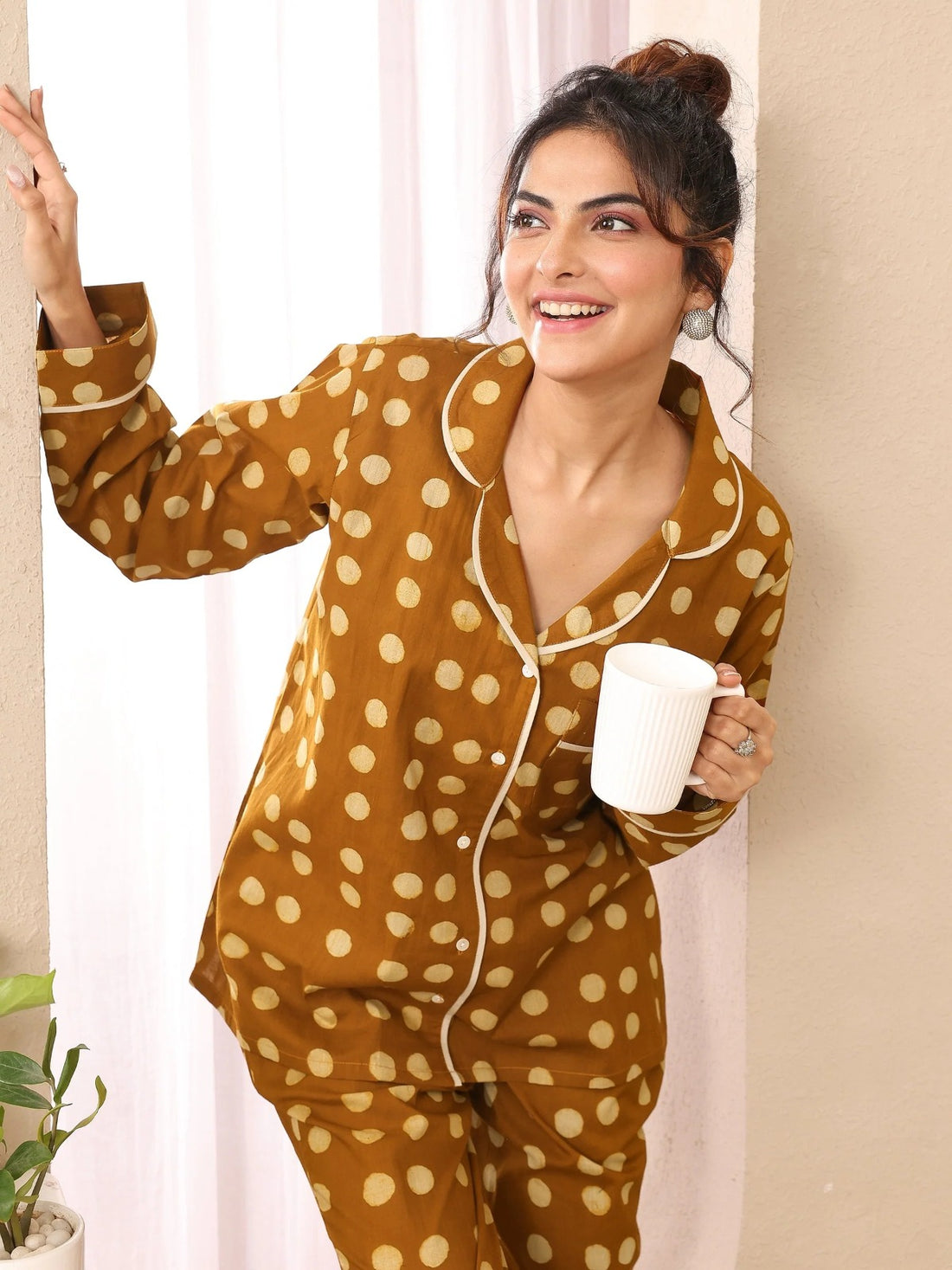 Cotton Co-ord Set – Polka Dot Design, Women’s Loungewear (Mustard Brown)
