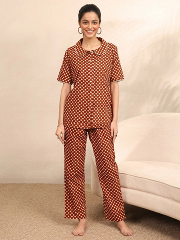 Polka Dot Shirt – Peter Pan Collar Design, Women’s Casual Wear (Rust Brown)