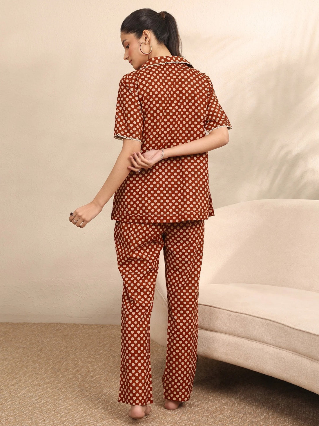 Polka Dot Shirt – Peter Pan Collar Design, Women’s Casual Wear (Rust Brown)