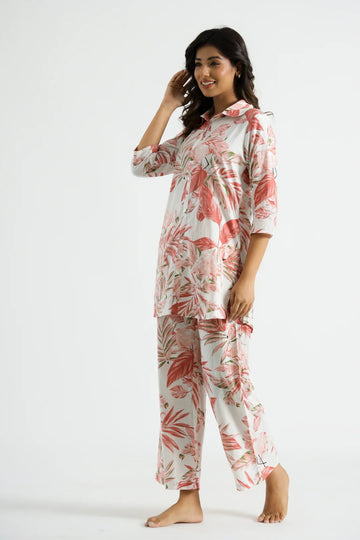 Floral Cotton Co-ord Set – Tropical Print Summer Wear for Women (Off White & Coral Pink)