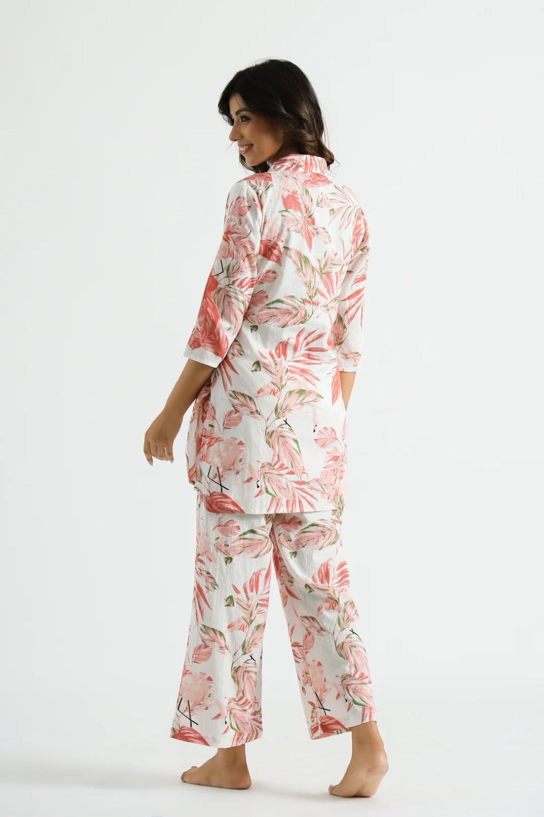 Floral Cotton Co-ord Set – Tropical Print Summer Wear for Women (Off White & Coral Pink)
