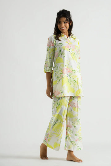 Floral Cotton Co-ord Set – Tropical Summer Wear for Women (White & Lemon Green)
