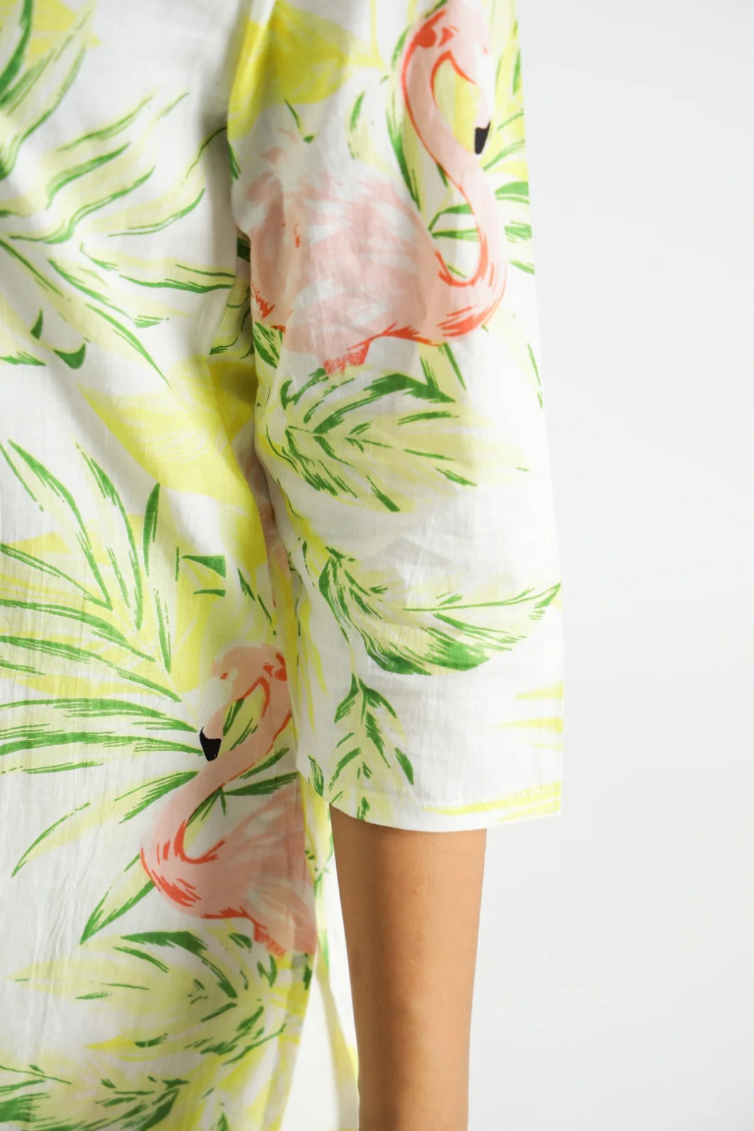 Floral Cotton Co-ord Set – Tropical Summer Wear for Women (White & Lemon Green)