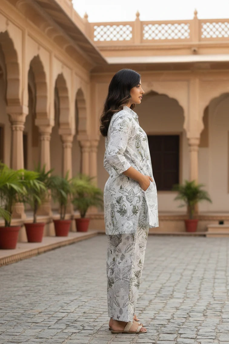 Botanical Cotton Co-ord Set – Minimal Ethnic Summer Wear for Women (Off White & Grey)