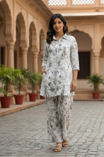 Botanical Cotton Co-ord Set – Minimal Ethnic Summer Wear for Women (Off White & Grey)