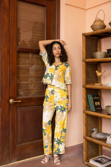 Floral Cotton Co-ord Set – Retro Summer Statement Wear for Women (Mustard Yellow & Multi Floral)
