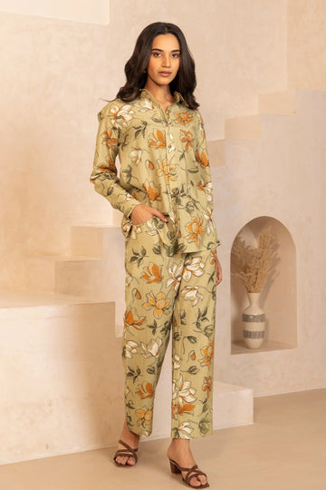 Floral Cotton Co-ord Set – Elegant Summer Wear for Women (Olive Beige & Orange Floral)