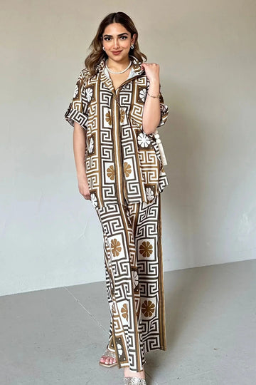 Geometric Cotton Co-ord Set – Retro Statement Summer Wear for Women (Brown & Off White)