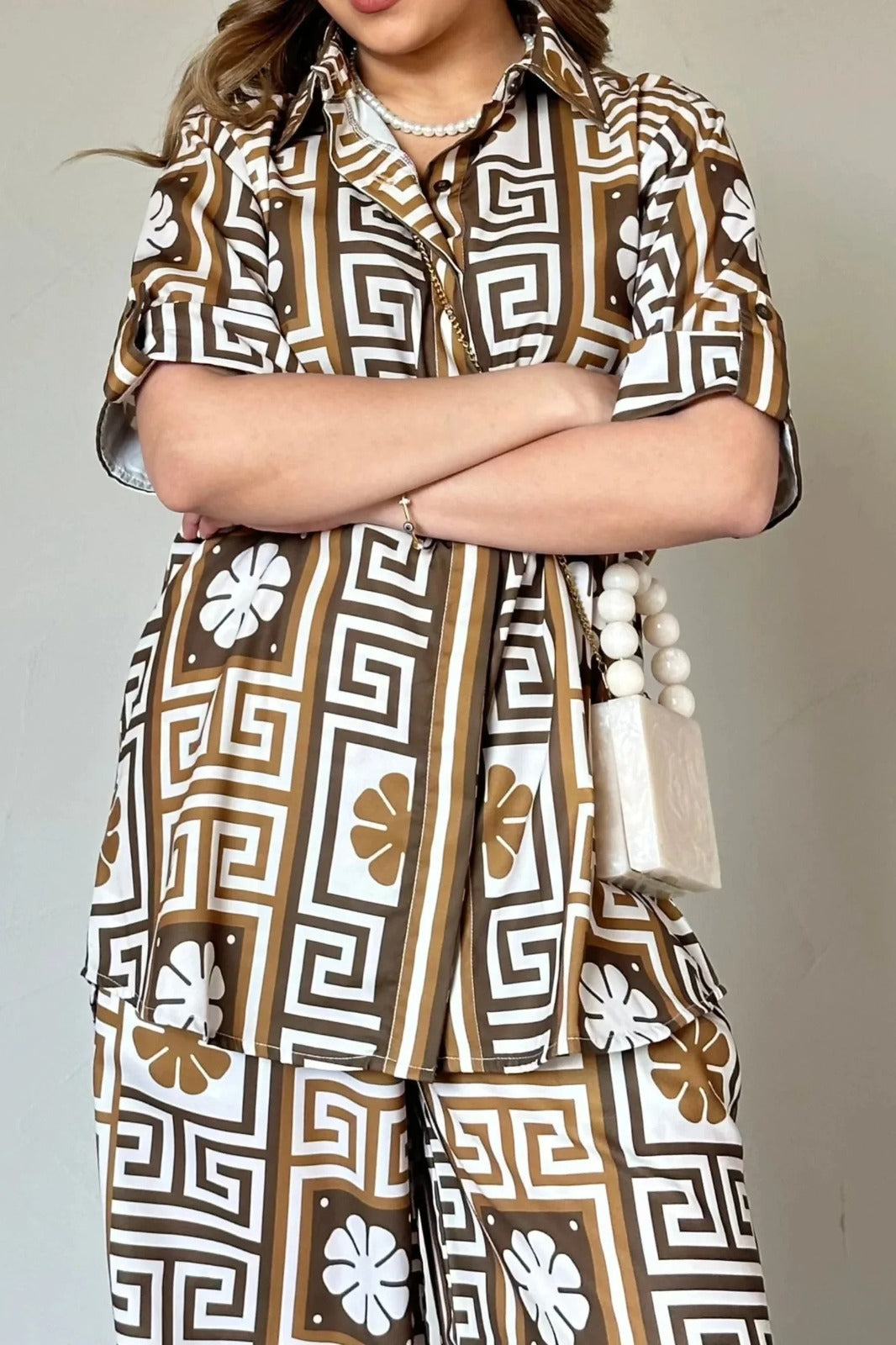 Geometric Cotton Co-ord Set – Retro Statement Summer Wear for Women (Brown & Off White)